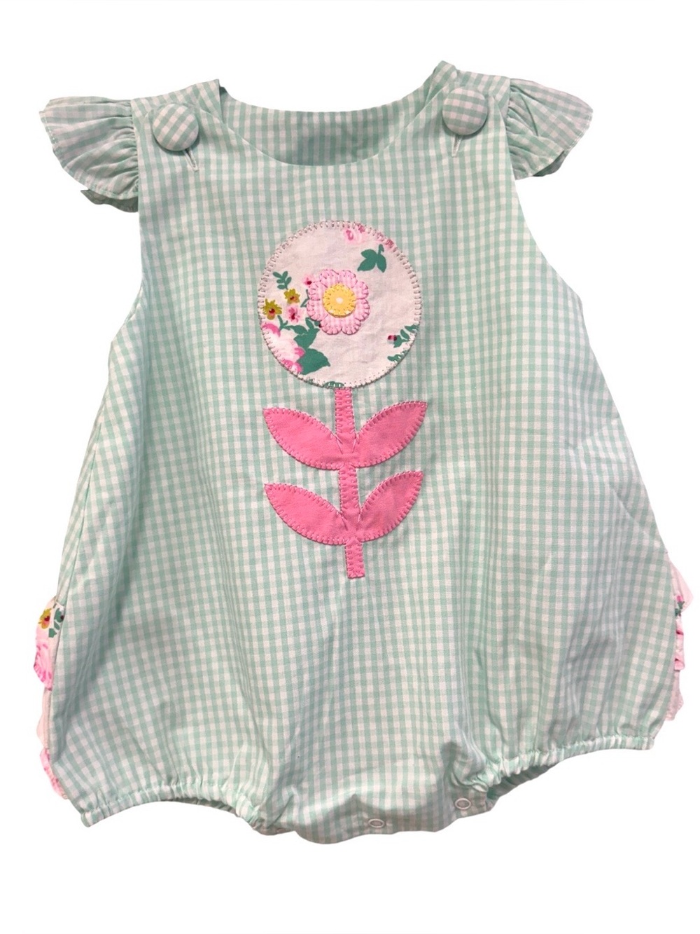 Natalie Grant Baby Girl Mint Gingham Flower Applique Bubble Romper Sz. 24mo